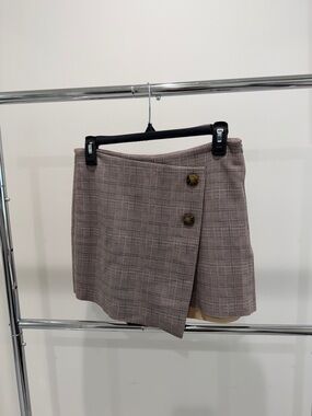 Zara Taupe Plaid Wrap Mini Skort with Button Detail